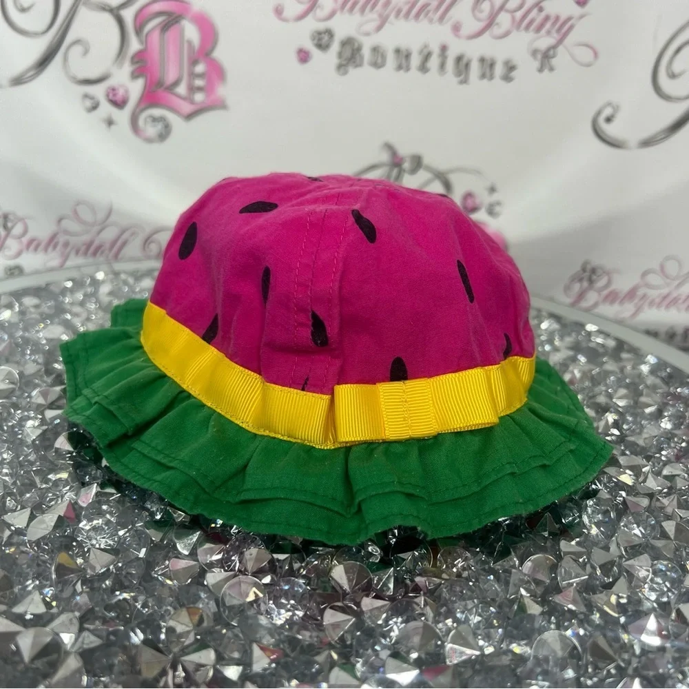 watermelon hat 🍉👒 baby 0-6 months pink black green yellow ribbon bow tie 🎀